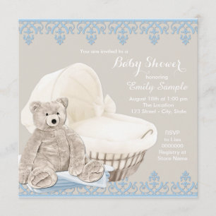 Invitation Baby shower d'ours beige et bleu Teddy