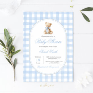 Invitation Baby shower d'ours bleu En vichy