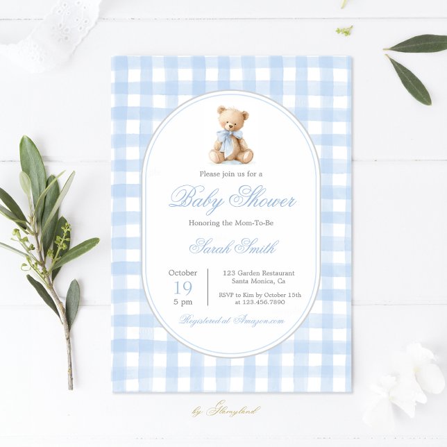 Invitation Baby shower d'ours bleu En vichy (Créateur téléchargé)