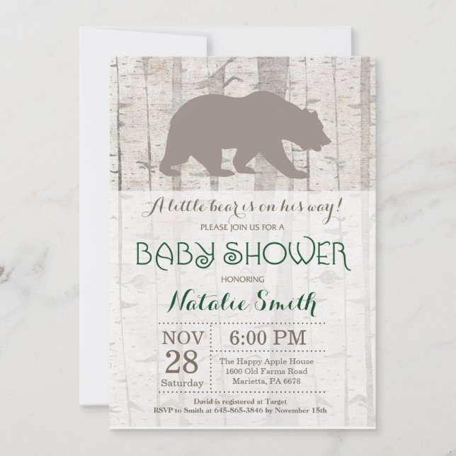 Invitation Baby shower d'ours Bois rustique (Devant)