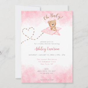 Invitation Baby shower d'ours d'avion rose