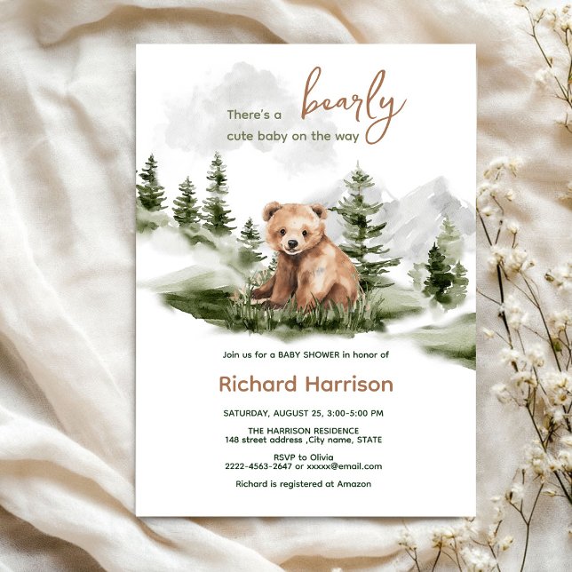 Invitation baby shower d'ours de forêt mignon (Bearly wait cute watercolor forest baby shower invitation )