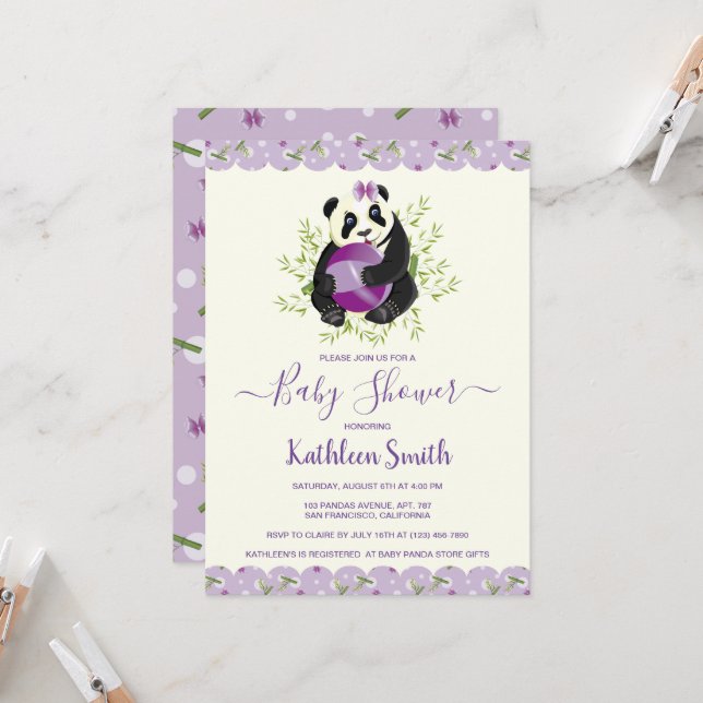 Invitation Baby shower d'ours doux Panda Lilac doux (Devant/Arrière en situation)