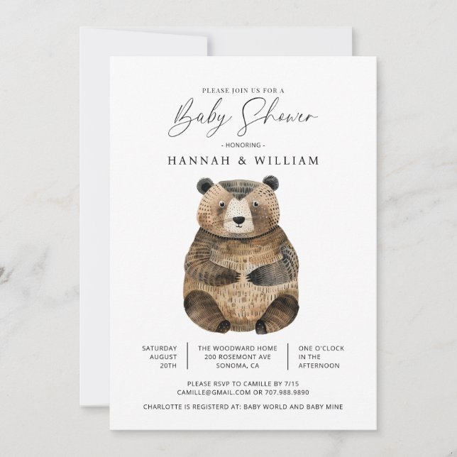Invitation Baby shower d'ours en bois mignon (Devant)