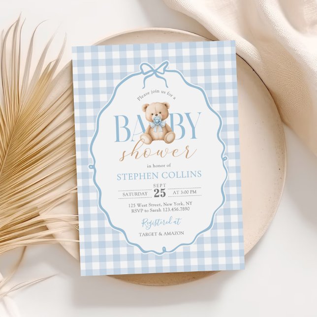 Invitation Baby shower d'ours en En vichy bleu (Créateur téléchargé)