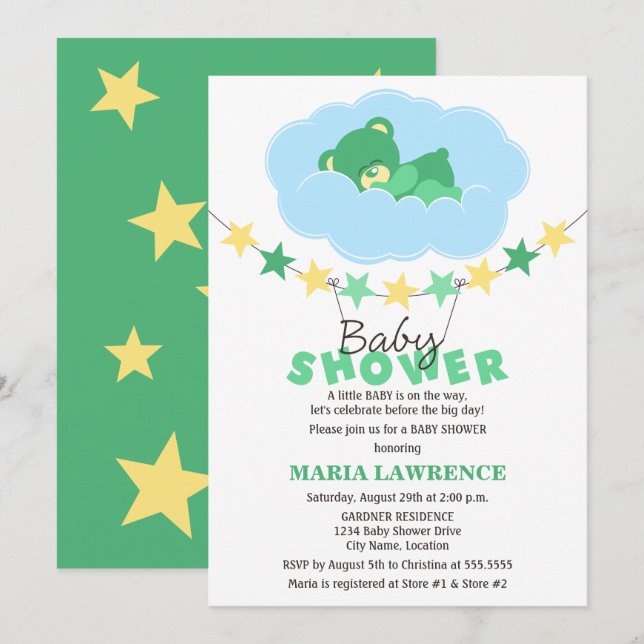 Invitation Baby shower d'ours en peluche à sommeil neutre sel (Devant / Derrière)