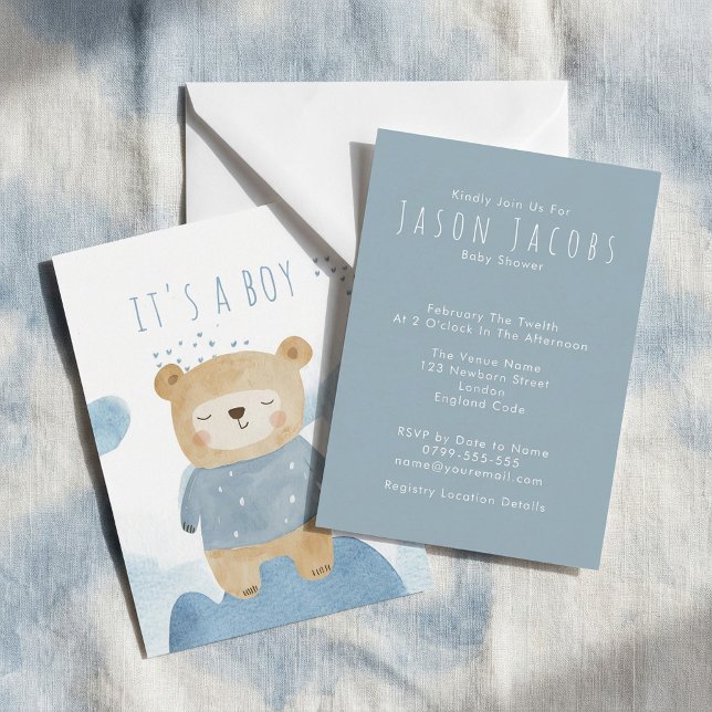 Invitation Baby shower d'ours en peluche bleu aquarelle (Blue Watercolor sleepy teddy bear Baby Shower Invitation.)