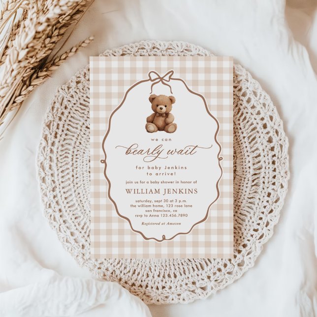 Invitation Baby shower d'ours en peluche En vichy neutre (Créateur téléchargé)