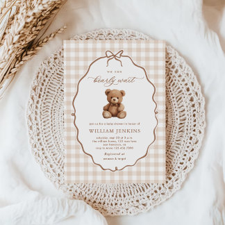 Invitation Baby shower d'ours en peluche En vichy neutre
