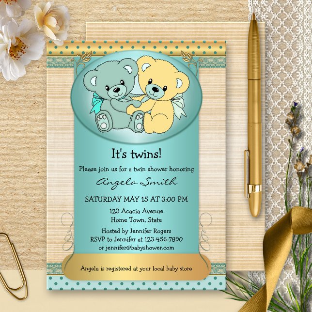 Invitation Baby shower d'ours en peluche Mint Gold (Cute baby shower invitation for twins, featuring two teddy bears on burlap)