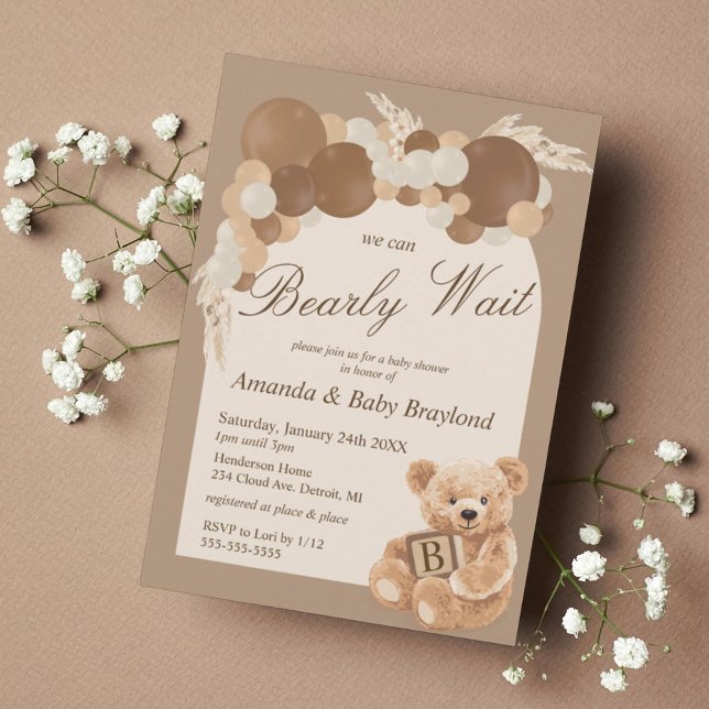 Invitation Baby shower d'ours en peluche Neutre Pampas (Créateur téléchargé)