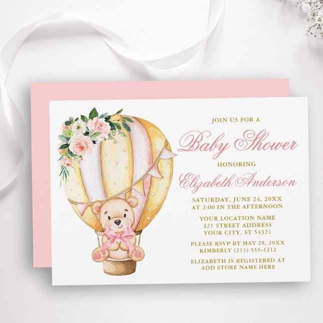Invitation Baby shower d'ours en peluche rose Floral (Customize to change text color, size, style or to change color of back of card.)