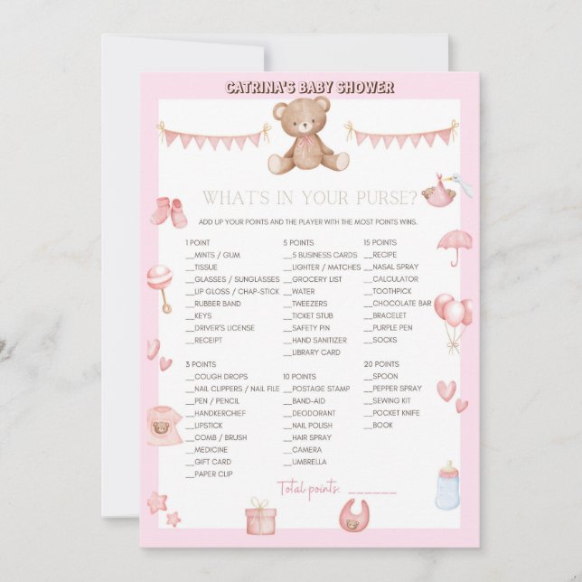 Invitation Baby shower d'ours en peluche rose - Nom modifiabl (Devant)