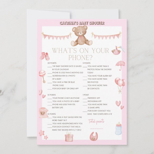 Invitation Baby shower d'ours en peluche rose - Nom modifiabl (Devant)