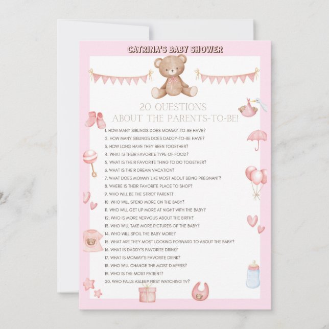 Invitation Baby shower d'ours en peluche rose - Nom modifiabl (Devant)