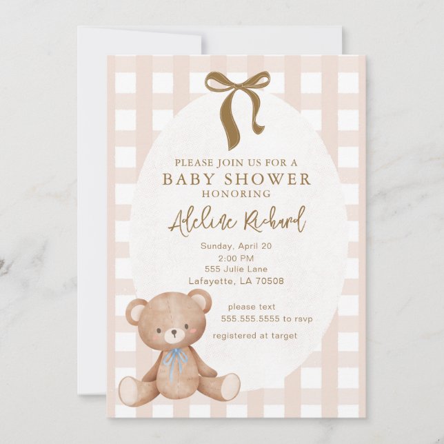 Invitation Baby shower d'ours en peluche Vintage neutre pour  (Devant)