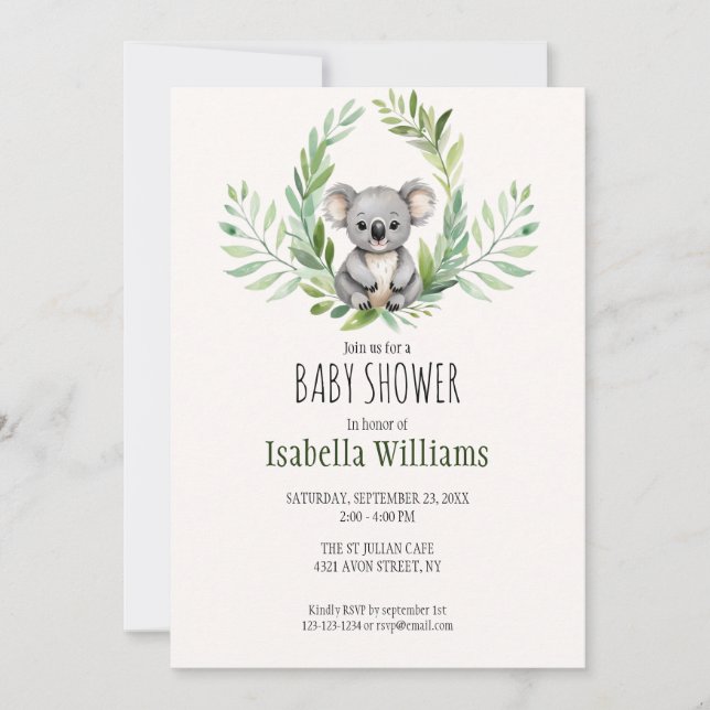 Invitation Baby shower d'ours Koala minimal mou (Devant)