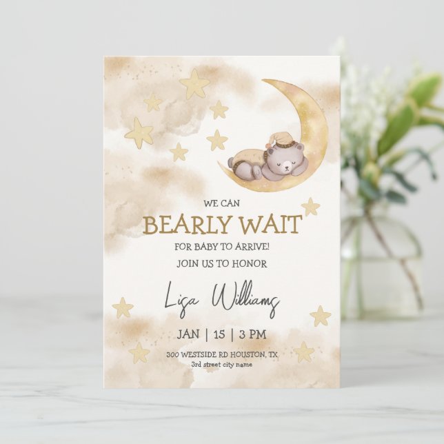 Invitation Baby shower d'ours neutre pour les femmes Nous pou (Debout devant)