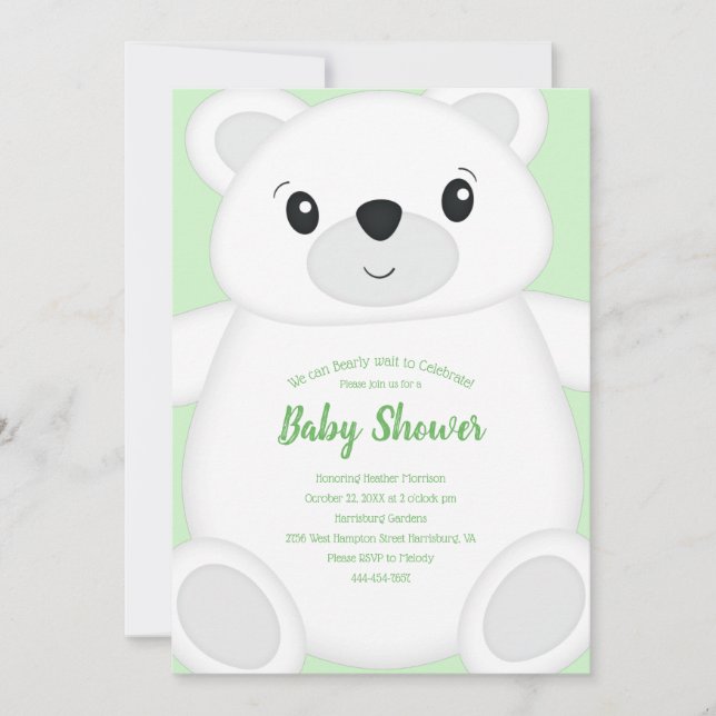 Invitation Baby shower d'ours polaire vert (Devant)