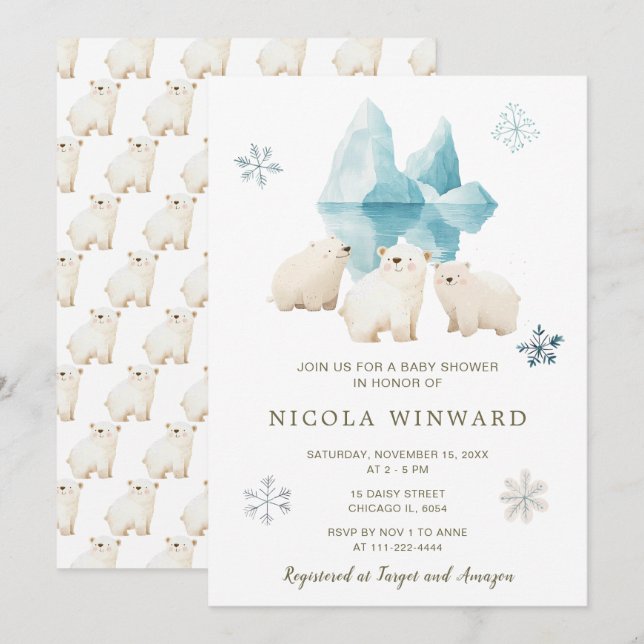 Invitation Baby shower d'ours polaires d'hiver (Devant / Derrière)
