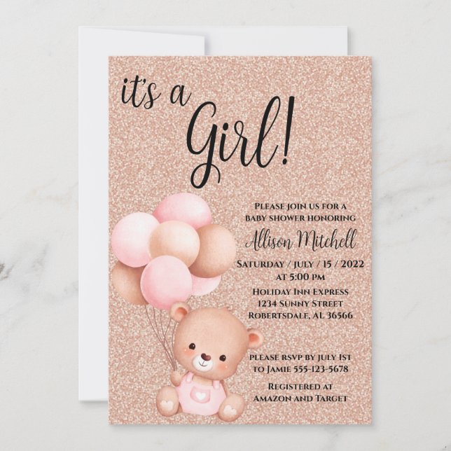 Invitation Baby shower d'ours rose Gold Teddy (Devant)