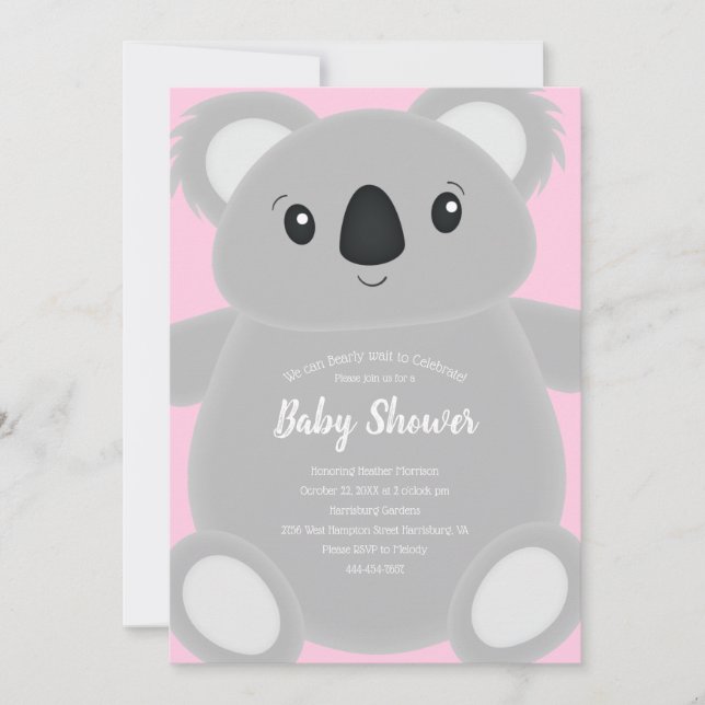 Invitation Baby shower d'ours rose Koala (Devant)