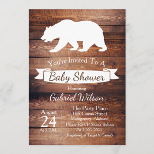 Invitation Baby shower d'ours rustique en bois et blanc