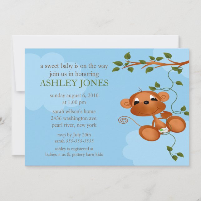 Invitation Baby shower doux de singe de bébé (Devant)