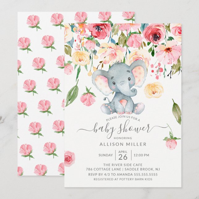 Invitation Baby shower doux éléphant Pink Peonies (Devant / Derrière)