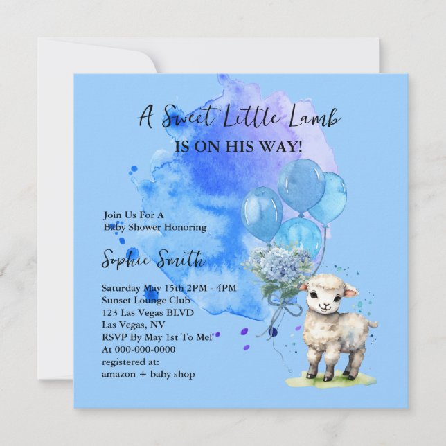 Invitation Baby shower doux petit agneau bleu Hydrangea (Devant)
