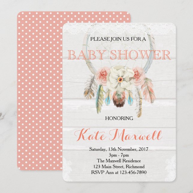 Invitation Baby shower Dreamcatcher Boho (Devant / Derrière)