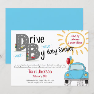 Invitation Baby Shower Drive-By Voiture Bleue et Ballons
