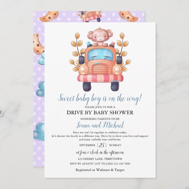 Invitation Baby Shower Drive Through pour Garçon Singe Mignon (Devant / Derrière)