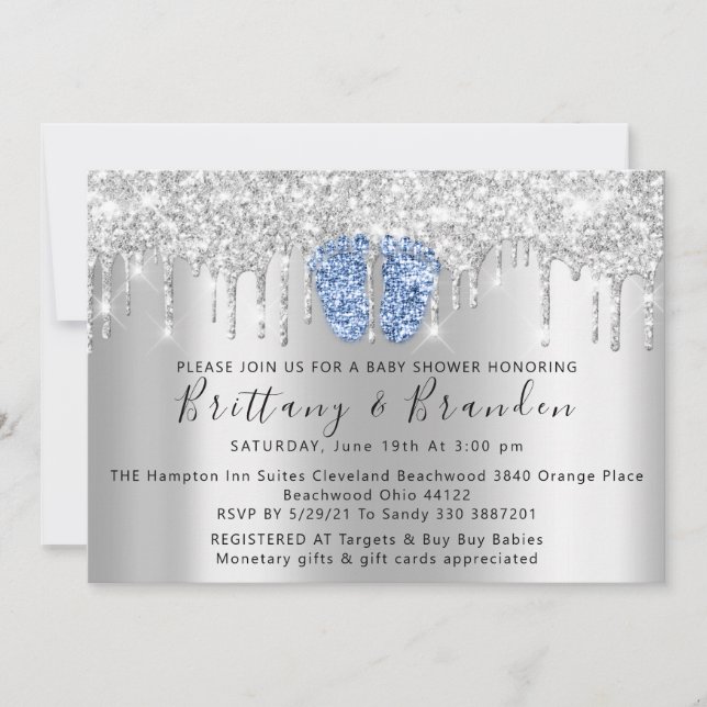 Invitation Baby shower Drives Parties scintillant Pieds Bleus (Devant)