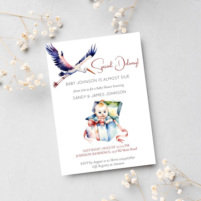 Invitation Baby shower drôle de livraison spéciale Stork (Special delivery stork funny cute baby shower template invitation instant download baby in a box)