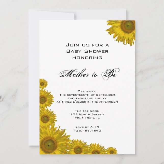 Invitation Baby shower du bord du tournesol jaune (Devant)