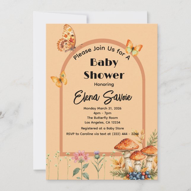 Invitation Baby shower du champignon à papillon de la forêt d (Devant)