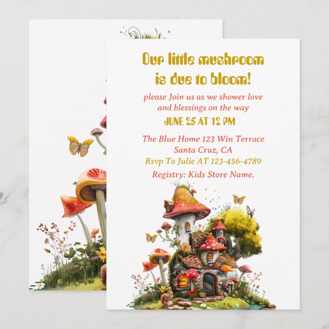 Invitation Baby shower du champignon Woodland (Devant / Derrière)