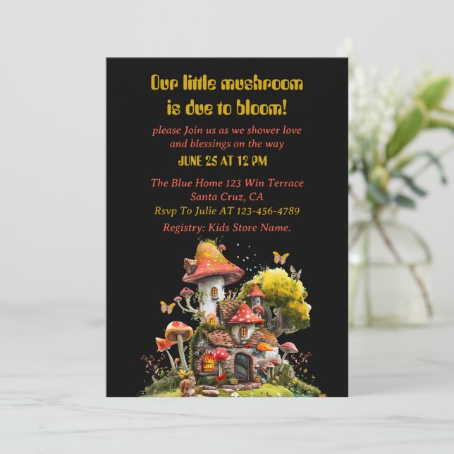 Invitation Baby shower du champignon Woodland (Debout devant)