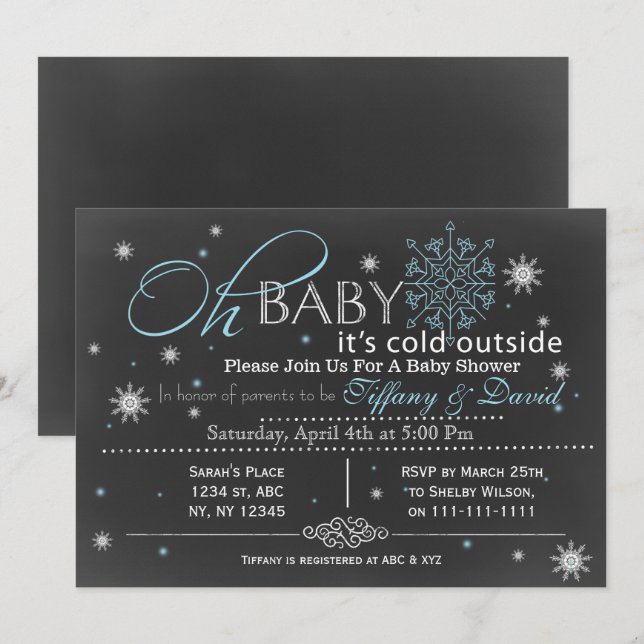 Invitation Baby shower du couple de neige bleu hiv (Devant / Derrière)