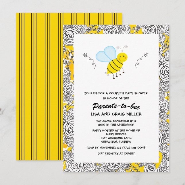 Invitation Baby shower du couple floral Bumblebee (Devant / Derrière)