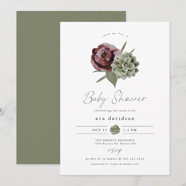 Invitation BABY SHOWER du désert Succulent Floral AVA Bourgog (Devant / Derrière)