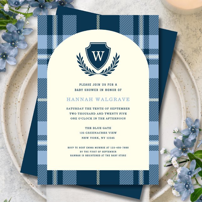 Invitation Baby shower du garçon de Monogramme bleu marine (Créateur téléchargé)