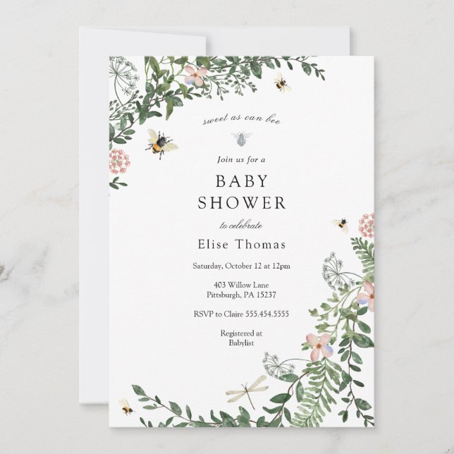 Invitation Baby shower du jardin aux fleurs d'abeilles (Devant)