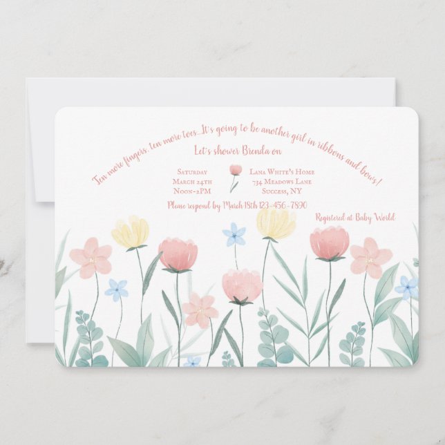Invitation Baby shower du jardin aux fleurs d'aquarelle (Devant)