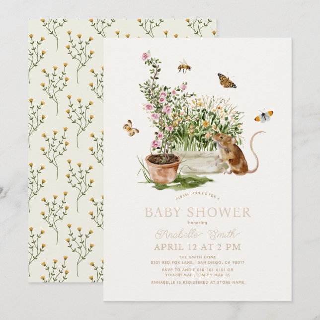 Invitation Baby shower du jardin des abeilles papillons souri (Devant / Derrière)