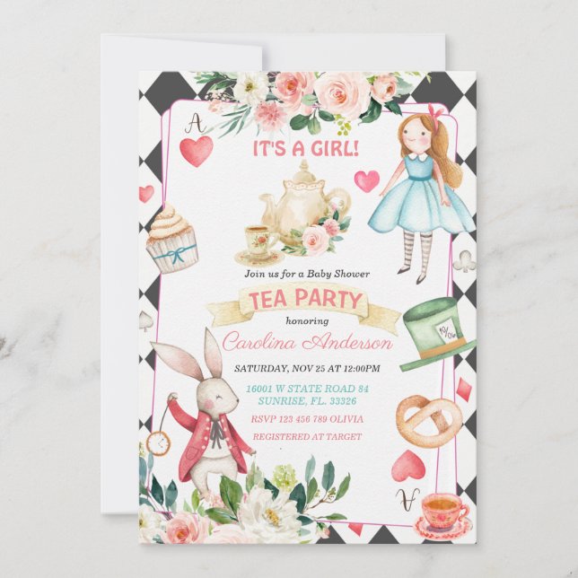 Invitation Baby shower du Tea Party Alice et Rabbit (Devant)