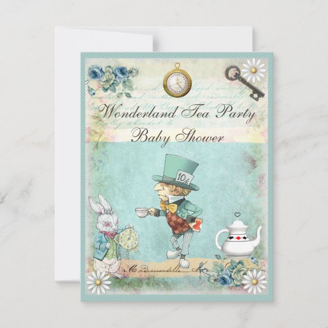 Invitation Baby shower du Tea Party de Mad Hatter Wonderland (Devant)