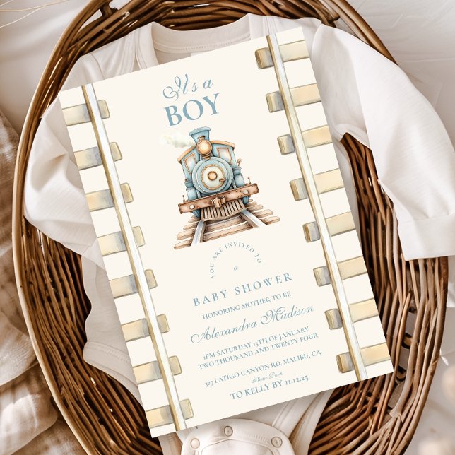 Invitation Baby shower du train Blue Watercolor (Créateur téléchargé)