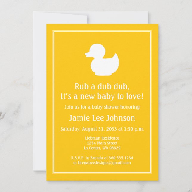 Invitation Baby shower Duckie en caoutchouc jaune (Devant)